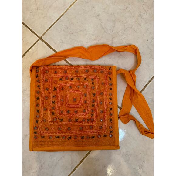 Orange Indian Mirrored Embroidered Tote Bag - Picture 1 of 10